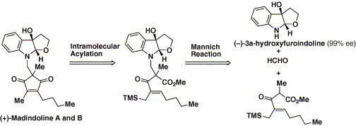 graphical abstract - Synthetic applications of a three-component Mannich reaction. Total synthesis of IL-6 inhibitor (+)-madindoline A and B.