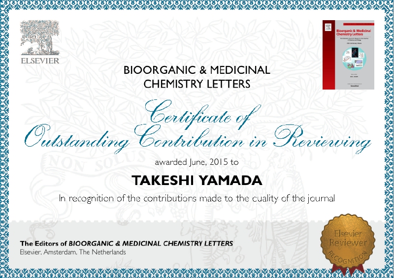 Assistant prof. Takeshi Yamada was awarded Certificate of Outstanding Contribution in Reviewing Bioorganic & Medicinal Chemistry Letters (Elsevier).