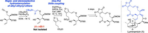  graphical abstract - Pd-catalyzed regio- and stereoselective hydrostannylation of an alkyl ethynyl ether/one-pot stille coupling enables the synthesis of 14-membered macrolactone of luminamicin.